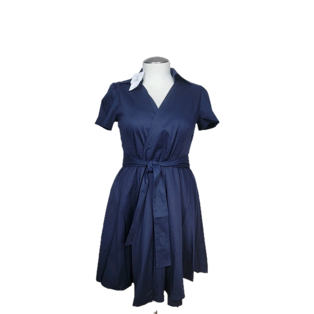 Retro 50s Navy Blue Wrap A-Line Swing Dress XL Collared Mid